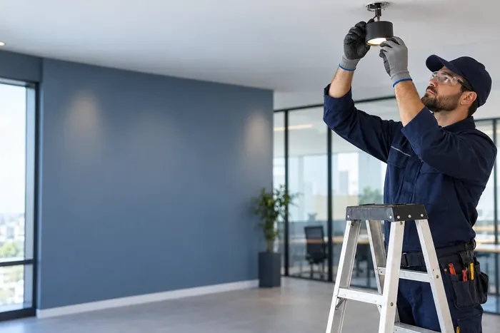 Profissional instalando iluminação em ambiente interno